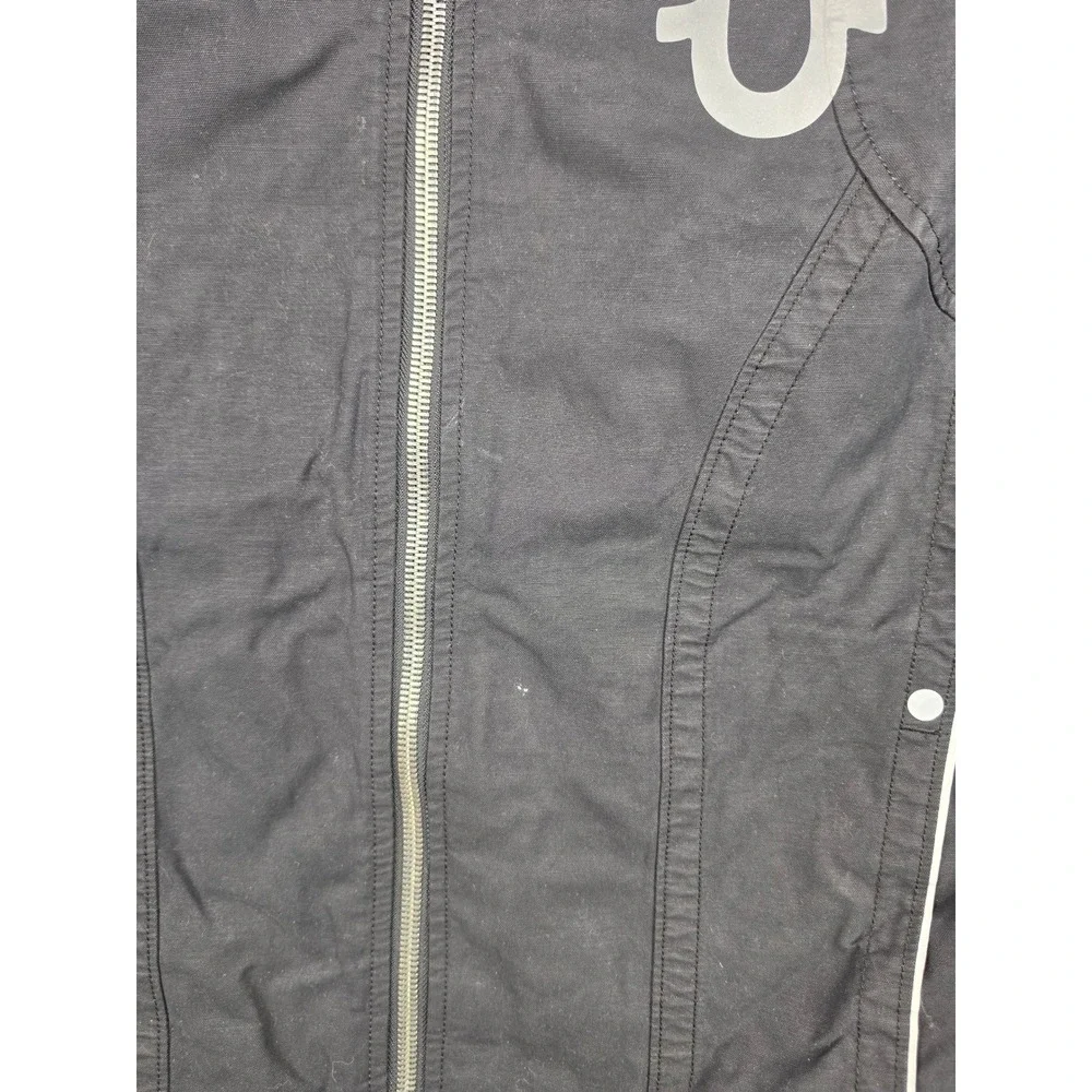 True Religion Moto Jacket‎ Mens Large Black Camo Lined Zip Hood Biker Reflective